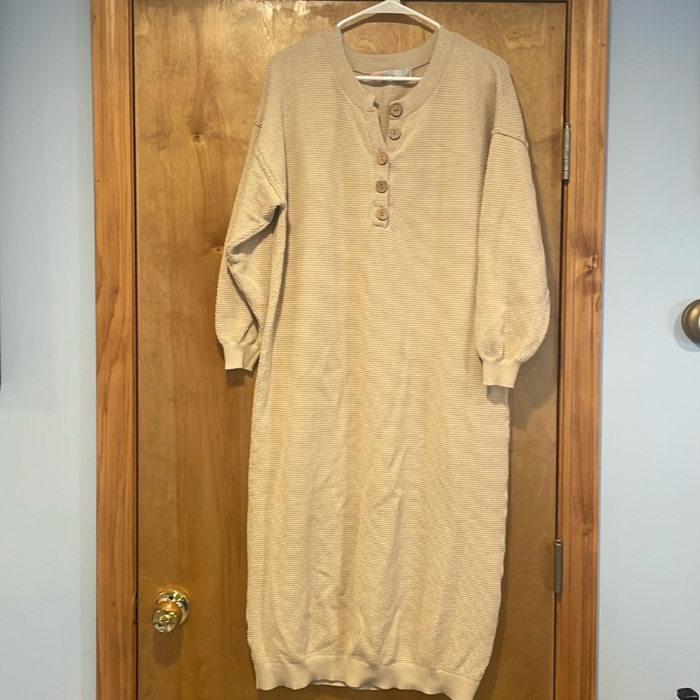 Free People Beach Hailee Sweater Dress textured color tan Henley Midi Medium